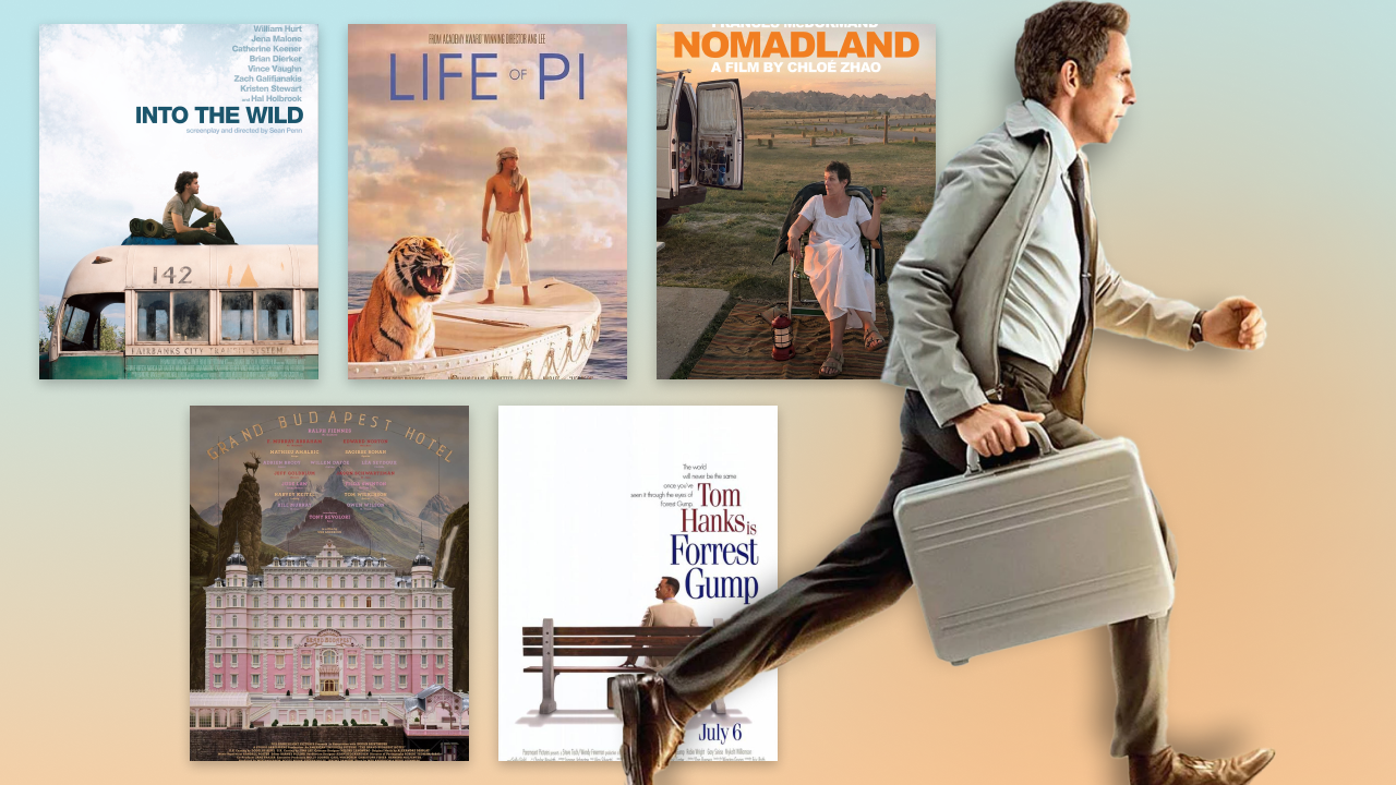  A collage of six adventure-themed movie posters including Into the Wild, Life of Pi, Nomadland, The Grand Budapest Hotel, Forrest Gump, and a man in a suit running with a briefcase.