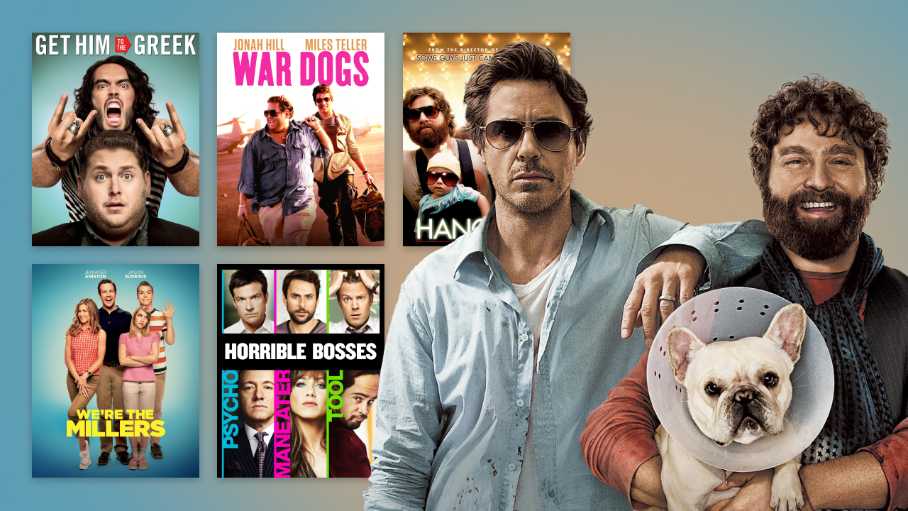 A curated collection of outrageous buddy comedies including Due Date, The Hangover, War Dogs, and more.