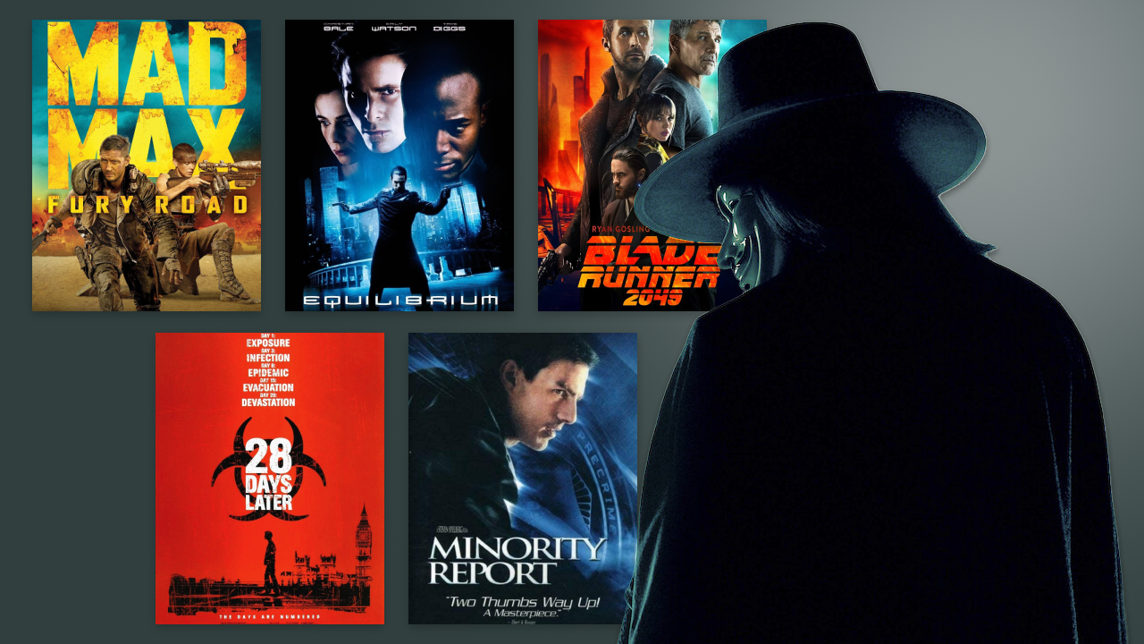 A collage of dystopian and sci-fi films, featuring V for Vendetta, Mad Max: Fury Road, Blade Runner 2049, Minority Report, 28 Days Later, and Equilibrium.