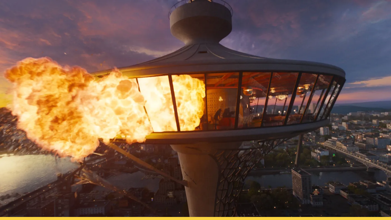A fiery explosion erupts inside a futuristic tower-top restaurant at sunset in Final Destination: Bloodlines.