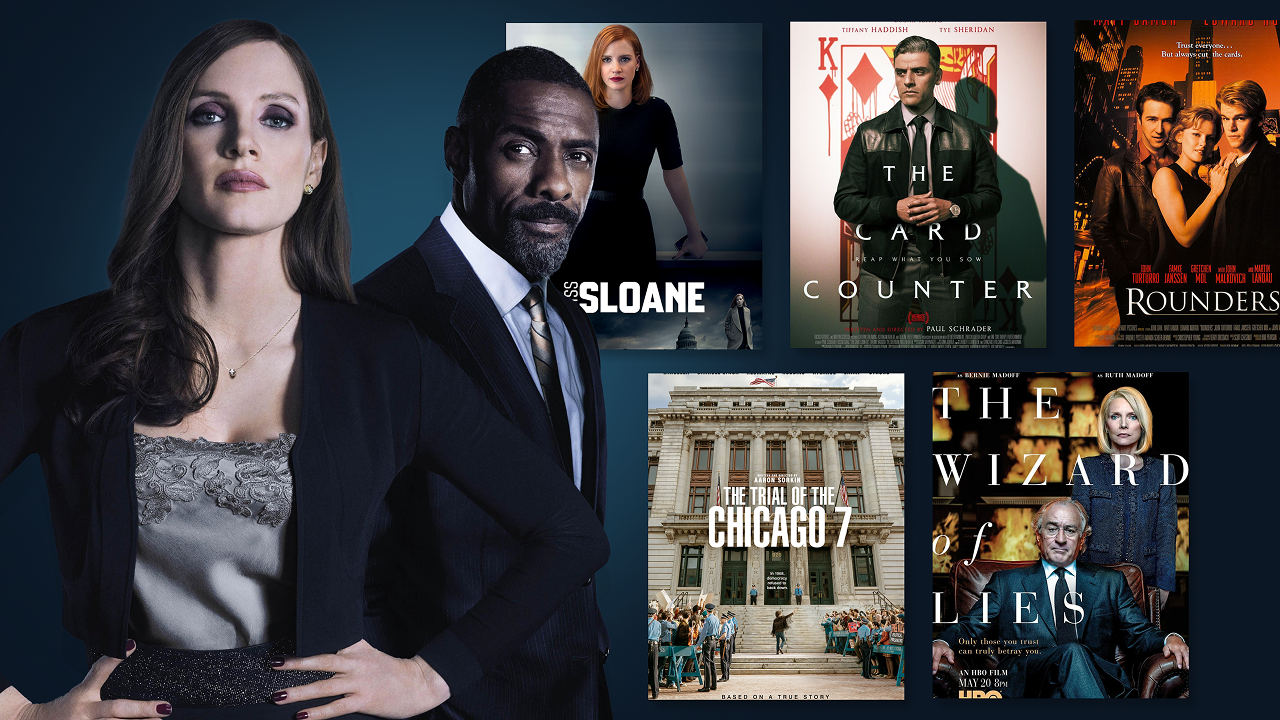 A collage of movies similar to Molly’s Game, featuring high-stakes legal and political dramas such as Miss Sloane, The Card Counter, Rounders, The Trial of the Chicago 7, and The Wizard of Lies, all centered around strategy, courtroom battles, and power plays.