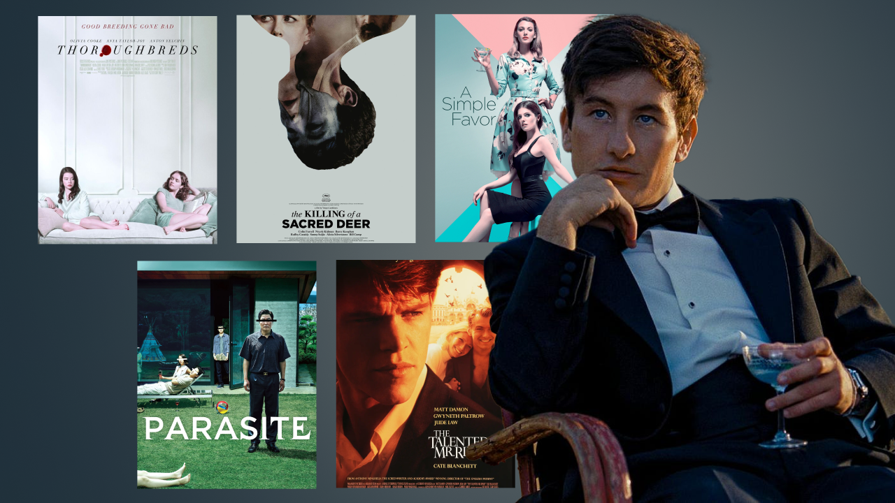 Collage of five movie posters and a character from Saltburn in a tuxedo holding a drink