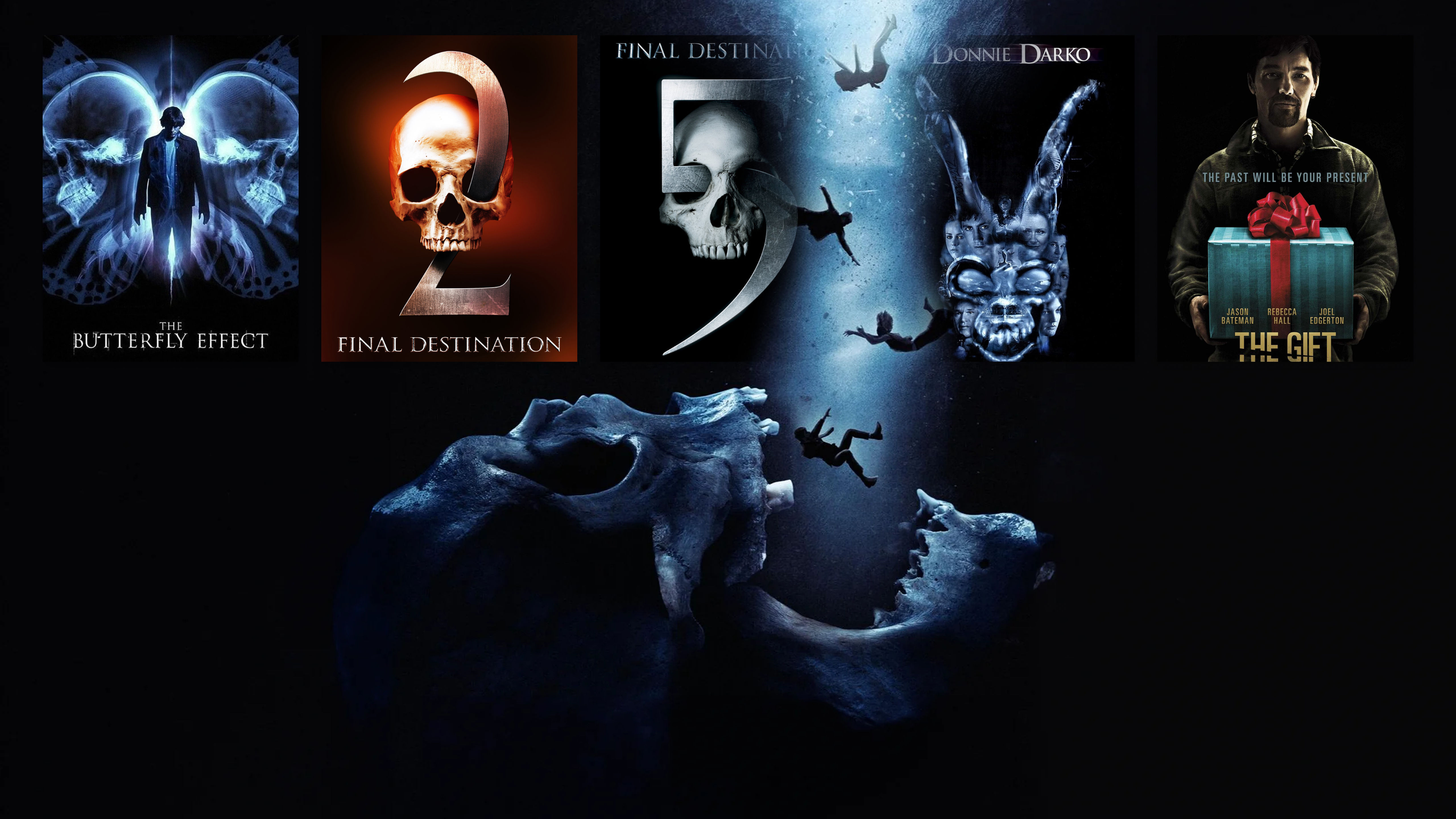  A collage of five thriller movie posters: The Butterfly Effect, Final Destination 2, Final Destination 5, Donnie Darko, and The Gift.