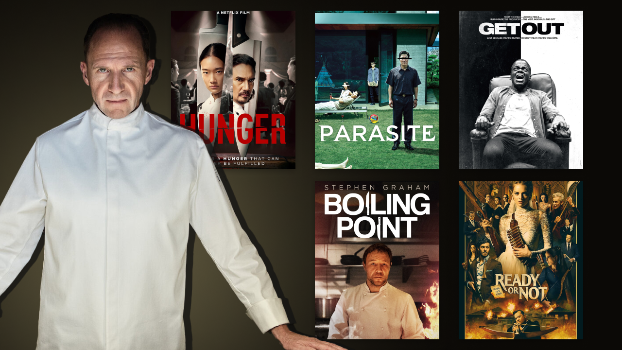 A collage of darkly satirical and socially charged thrillers led by a sinister chef from The Menu, featuring Hunger, Parasite, Get Out, Boiling Point, and Ready or Not
